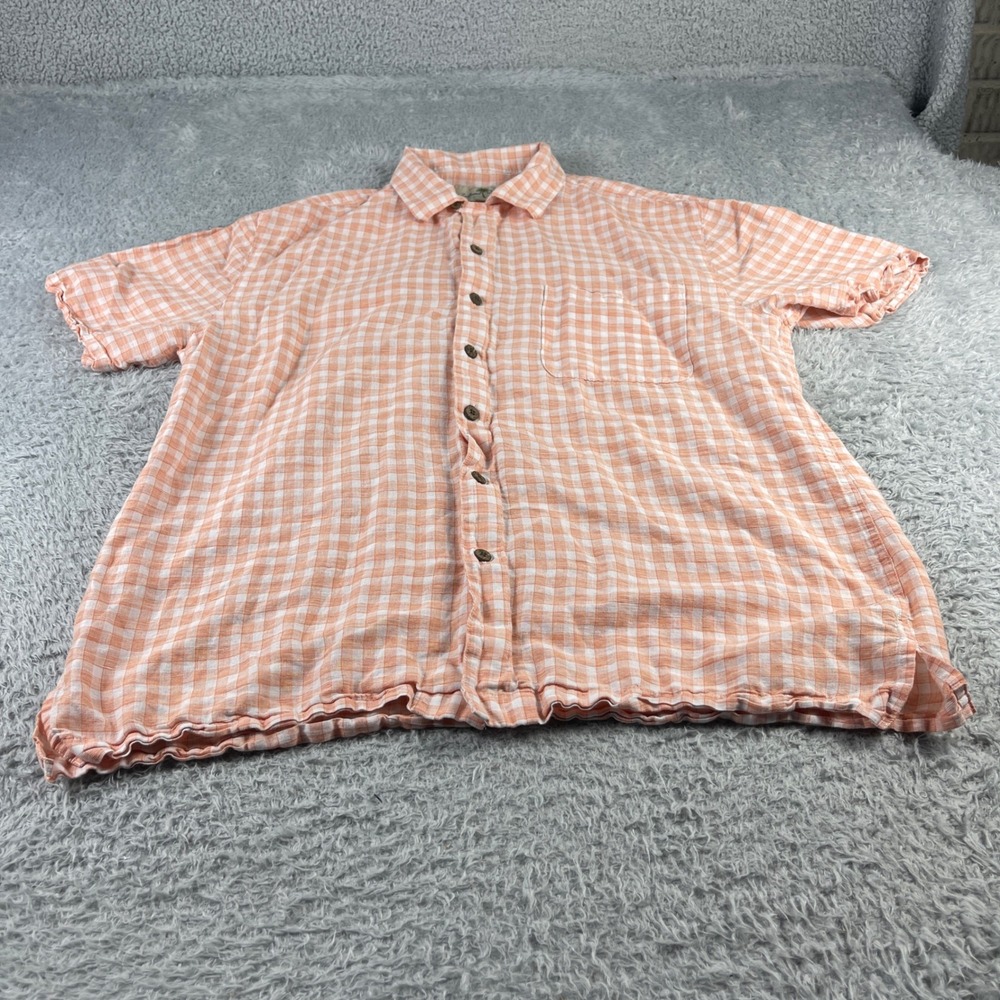 Island Shores Mens Orange Gingham Linen Cotton Short Sleeve Button Up Shirt L